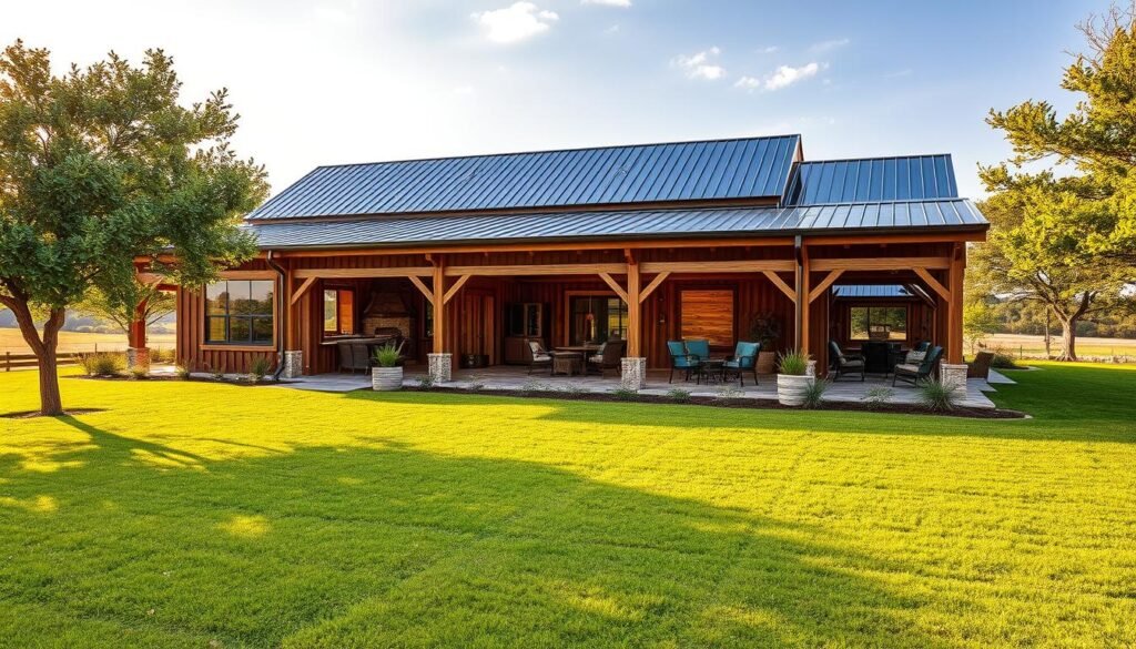Barndominium designs Austin, a stunning blend of modern aesthetics and Texas heritage. Showcase a spacious, open-concept barndominium nestled amidst a lush, rolling landscape. The structure features rustic wooden beams, large windows, and a metal roof that seamlessly integrates with the surrounding countryside. Bathed in warm, golden sunlight, the barndominium exudes a cozy, inviting atmosphere. In the foreground, a well-manicured lawn leads to a covered patio, where pops of greenery and rustic furniture create a harmonious outdoor living space. In the background, rolling hills and a vibrant azure sky complete the serene, pastoral scene. Capture the essence of this unique architectural style, where modern design and traditional Texas charm come together to create a truly captivating living space.