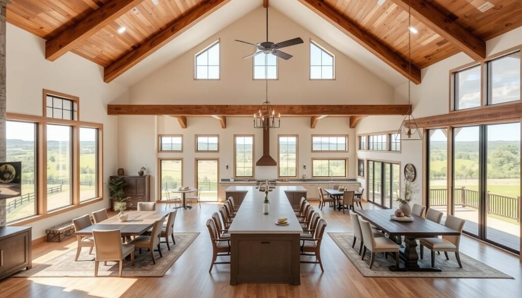 Barndominium floor plans, showcasing the modern, rustic charm of Texas. A spacious open-concept layout with high ceilings, warm wooden accents, and large windows bathed in natural light. Highlighted are the seamless flow between living, dining, and kitchen areas, ideal for entertaining. In the background, glimpses of a wraparound porch and lush, rolling countryside evoke a serene, countryside ambiance. The overall scene captures the quintessential Texas Barndominium lifestyle - a harmonious blend of contemporary comforts and pastoral tranquility.