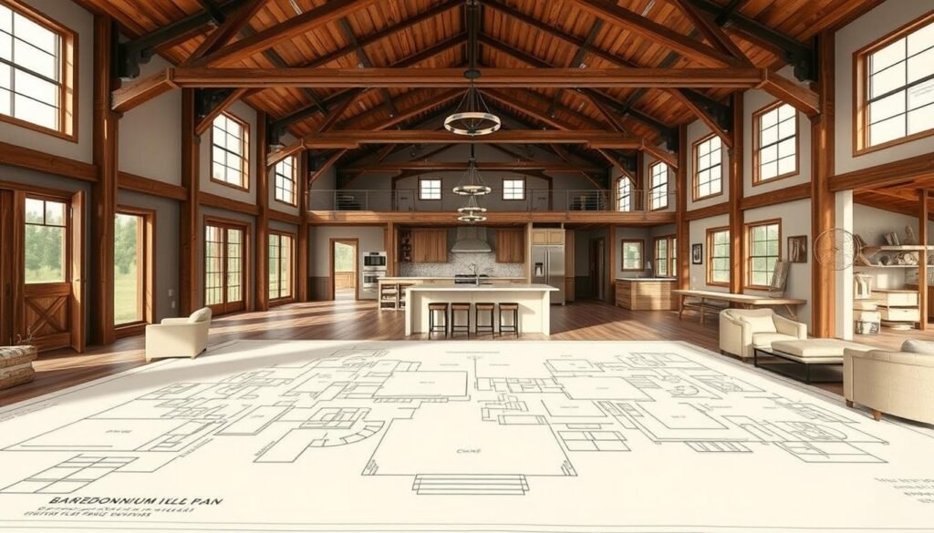 Barndominium floor plans with detailed architectural sketches showcasing the essential elements. A spacious open-concept living area with high ceilings, abundant natural light, and a rustic farmhouse aesthetic. The middle ground features a well-equipped kitchen with modern appliances and a cozy dining nook. In the background, a multipurpose workshop and storage area blend seamlessly with the overall design. Rendered in a muted color palette with warm, earthy tones to capture the authentic barndominium aesthetic. Photographed from an elevated angle to provide a comprehensive view of the comprehensive floor plan.