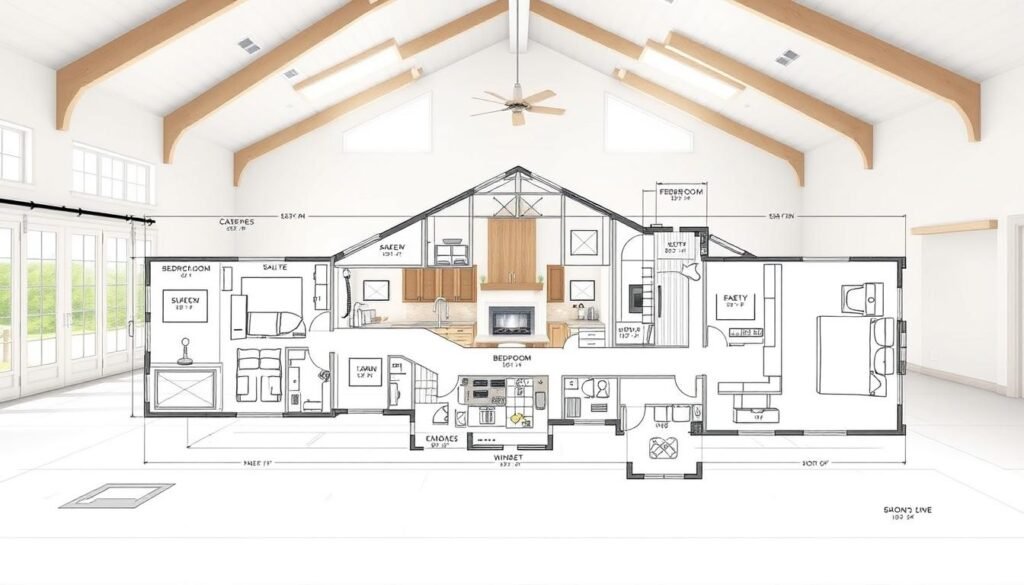 Detailed architectural blueprint of an expansive barndominium floor plan, showcased in a well-lit, airy setting. The layout features an open-concept living area, a spacious kitchen with modern appliances, and ample bedroom suites. The plan emphasizes efficient use of space, with a seamless flow between indoor and outdoor areas. Rendered in a technical, blueprint-like style, the image highlights the essential elements of a functional, ready-to-build barndominium design, tailored for cost-effective construction and maximum livability.