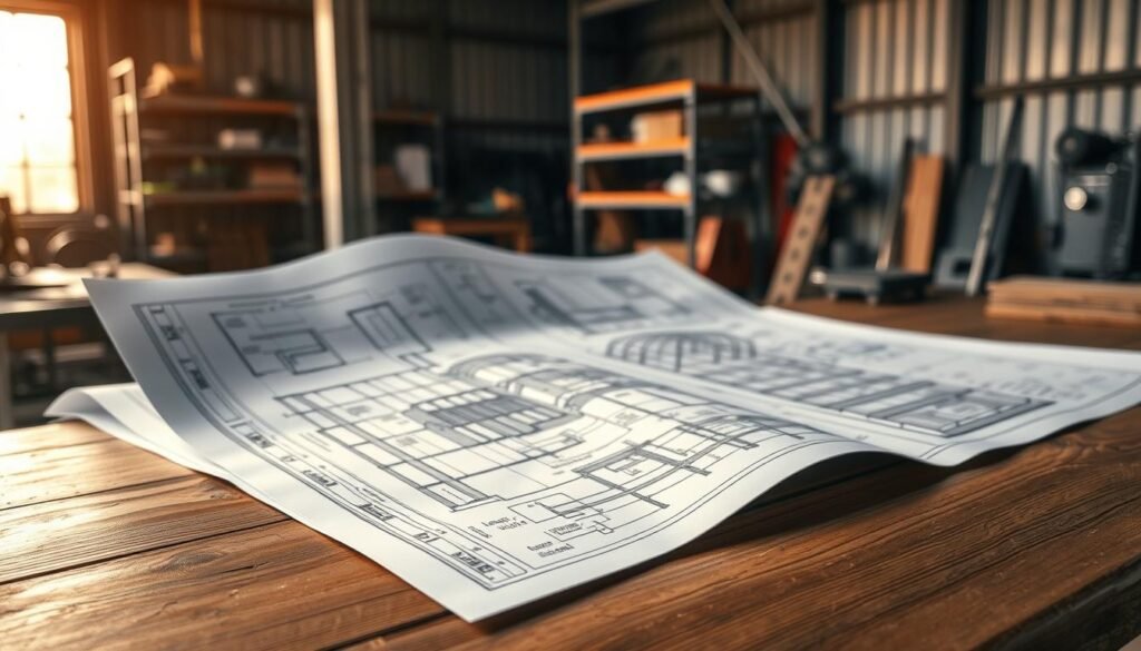 Detailed architectural blueprints of an engineered metal building, showcasing intricate structural elements and construction specifications. The plans are spread out on a sturdy wooden table, illuminated by warm, directional lighting that casts subtle shadows, highlighting the technical details. The background is a softly blurred industrial workshop setting, with metal shelving, tools, and a muted color palette that complements the technical nature of the subject. The overall composition conveys a sense of precision, planning, and the professional expertise required to design and construct a high-quality engineered metal building. Detailed architectural blueprints of an engineered metal building, showcasing intricate structural elements and construction specifications. The plans are spread out on a sturdy wooden table, illuminated by warm, directional lighting that casts subtle shadows, highlighting the technical details. The background is a softly blurred industrial workshop setting, with metal shelving, tools, and a muted color palette that complements the technical nature of the subject. The overall composition conveys a sense of precision, planning, and the professional expertise required to design and construct a high-quality engineered metal building.