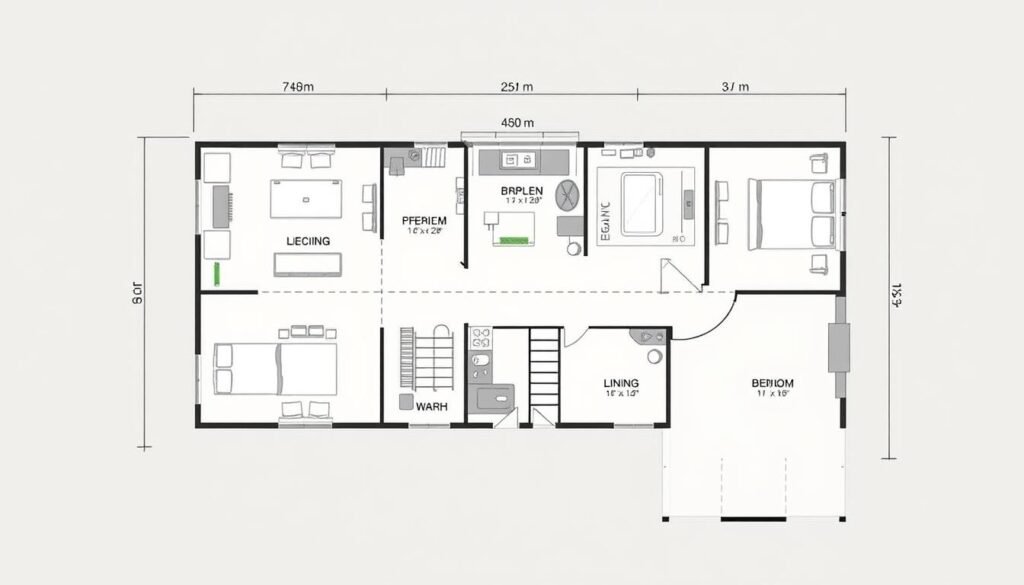 Detailed architectural floor plan rendering of a 40x60 foot barndominium home, featuring a prominent front porch, an attached garage, and a loft space. The plan showcases an open-concept living area, a spacious kitchen, multiple bedrooms, and a bathroom. The image is rendered in a crisp, technical style with clean lines, precise measurements, and attention to scale. The lighting is natural and evenly distributed, creating a bright, airy atmosphere. The perspective is a top-down, slightly angled view that allows the viewer to clearly see the full layout of the floor plan.