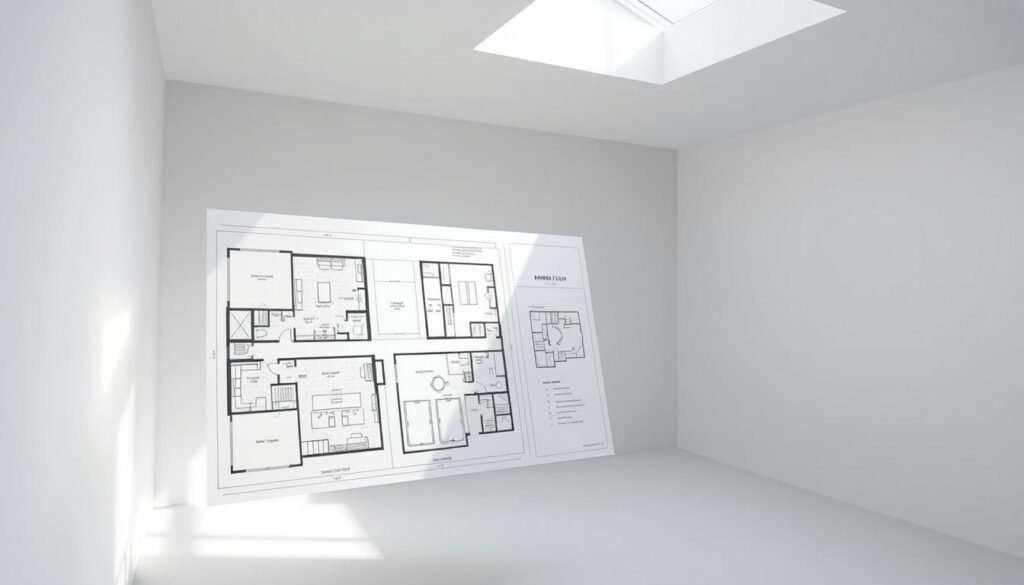 Detailed barndo floor plans displayed in a clean, minimalist style. High-contrast rendering with crisp lines and geometric shapes. Architectural blueprints floating in a bright, neutral environment with subtle, natural lighting from above. Precise technical diagrams showcasing the functional layout and spatial organization of a modern, open-concept barndo design. Meticulously rendered structural elements, materials, and interior fixtures visible. A comprehensive visual guide to the unique features and customizable elements of these stylish, versatile living spaces.