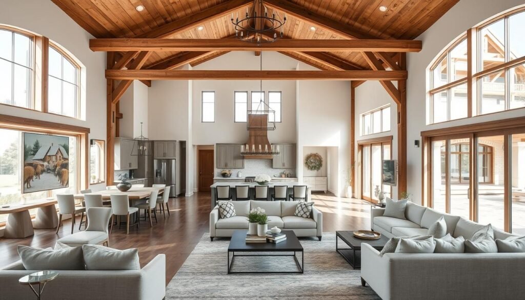 Detailed barndominium floor plans showcasing an inviting, open-concept living space. Bright, natural lighting filters in through large windows, creating a warm and airy atmosphere. Rustic wood beams and neutral tones define the middle ground, seamlessly blending the kitchen, dining, and living areas. Elegant yet functional furnishings populate the foreground, complementing the contemporary farmhouse aesthetic. The background reveals a harmonious transition to outdoor living, with sliding glass doors leading to a spacious patio. An overall sense of refined sophistication and effortless comfort permeates the scene.