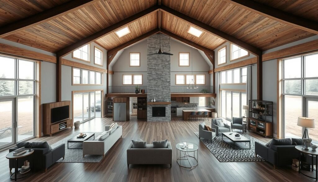 Detailed barndominium floor plans showcasing various lifestyles, captured in a clean, architectural rendering. A spacious, open-concept layout with high ceilings, abundant natural light, and seamless indoor-outdoor flow. Subtle textures of wood, stone, and metal create a warm, modern aesthetic. Carefully positioned furniture, appliances, and decor elements highlight practical zoning for living, dining, and entertaining areas. The scene is illuminated by soft, directional lighting, accentuating the depth and dimensionality of the space. Captured from an eye-level perspective, presenting an immersive, realistic visualization of the barndominium's versatile design.