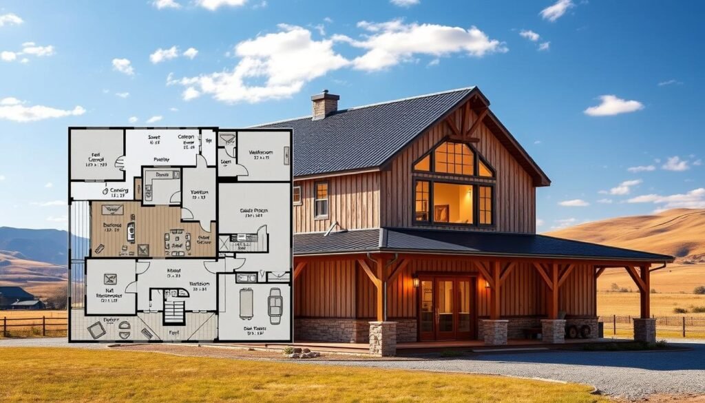 Detailed blueprint of a well-appointed barndominium, showcasing its spacious layout and modern amenities. The structure stands tall against a backdrop of rolling hills and a clear blue sky, bathed in warm, natural lighting that accentuates its rustic charm. The barndominium's exterior features a mix of weathered wood, stone, and metal accents, seamlessly blending the traditional barn aesthetic with contemporary design elements. The expansive front porch invites visitors to step inside and explore the inviting, open-concept living spaces within. This ready-to-build plan offers a compelling solution for those seeking a turnkey, cost-effective way to realize their dream of a modern, versatile barndominium.