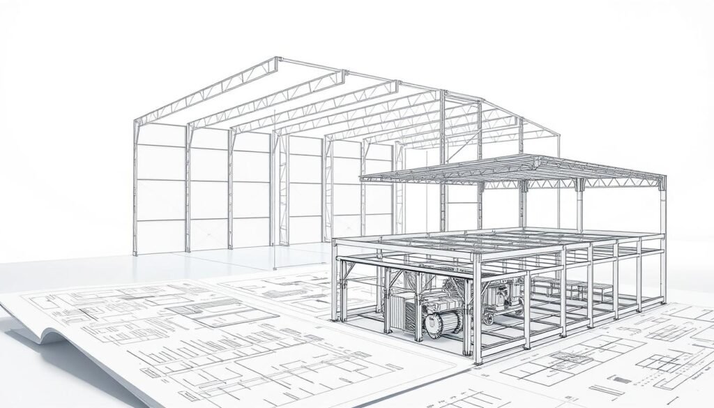 Detailed engineering drawings of a modern prefabricated metal building, shown in a well-lit, technical illustration style. The foreground features a set of precise CAD-like schematics, displaying the intricate structural components, dimensions, and assembly instructions. The middle ground showcases an exploded view, highlighting the interconnected steel frames, panels, and fastening systems. In the background, a clean, minimalist studio setting provides a professional, engineering-focused atmosphere, with subtle lighting and reflections to emphasize the technical nature of the subject matter. Detailed engineering drawings of a modern prefabricated metal building, shown in a well-lit, technical illustration style. The foreground features a set of precise CAD-like schematics, displaying the intricate structural components, dimensions, and assembly instructions. The middle ground showcases an exploded view, highlighting the interconnected steel frames, panels, and fastening systems. In the background, a clean, minimalist studio setting provides a professional, engineering-focused atmosphere, with subtle lighting and reflections to emphasize the technical nature of the subject matter.