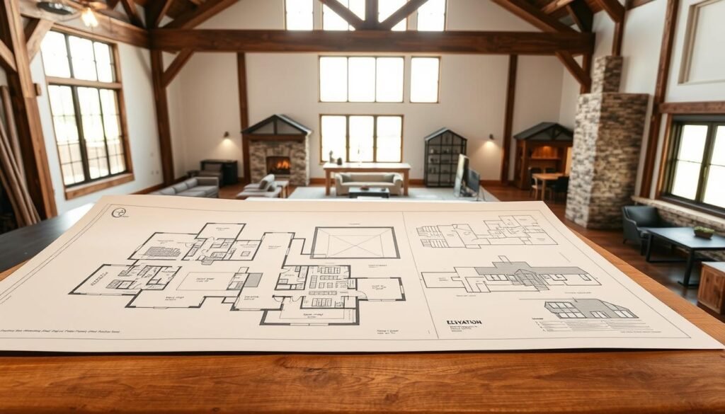 Expansive barndominium floor plans showcasing the modern-rustic fusion of Austin's architectural heritage. Detailed technical schematics displayed on a large drafting table, illuminated by warm, directional lighting. Sleek, minimalist design elements complement the exposed wooden beams and stone accents, capturing the essence of Texas' enduring charm. Meticulously crafted elevations, sections, and 3D renderings reveal the customization potential, blending seamless indoor-outdoor living spaces. Crisp, high-contrast lines and shadows emphasize the architectural complexity, inviting the viewer to envision their dream barndominium in the heart of Austin.