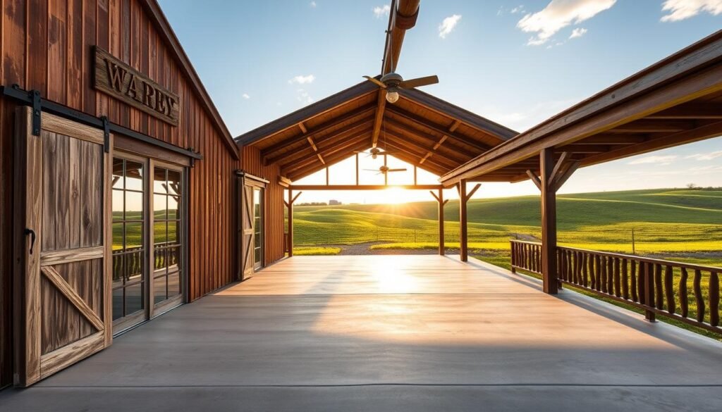 Picturesque affordable barndominiums nestled in the heart of the Texas countryside. A harmonious blend of rustic charm and modern convenience, these structures feature weathered wooden exteriors, sliding barn doors, and expansive windows that flood the interiors with natural light. Rolling green hills and a clear blue sky provide the serene backdrop, while the warm, golden tones of the sun cast a cozy glow across the scene. The layout is spacious and open-concept, with high ceilings and exposed beams that evoke the spirit of traditional Texas ranch homes. An inviting porch stretches across the front, offering a perfect spot to enjoy the tranquil rural setting.