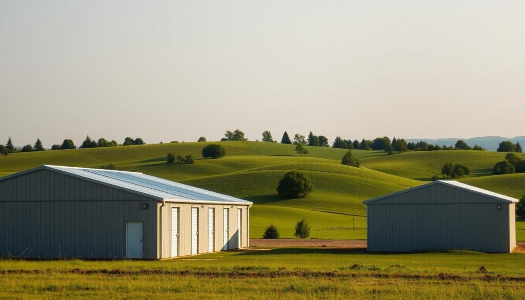 Prefabricated metal buildings standing tall in a rural landscape, their sleek, utilitarian silhouettes contrasting against a wide, open sky. The foreground features a cluster of these modular structures, their corrugated steel panels reflecting the warm glow of the sun. In the middle ground, lush rolling hills dotted with trees provide a natural backdrop, while the distant horizon is marked by the soft, hazy blue of the atmosphere. The scene is illuminated by natural, directional lighting, casting dramatic shadows and highlights that accentuate the geometric forms of the buildings. The overall mood is one of functional simplicity and integration with the surrounding environment, showcasing the practical yet visually appealing nature of engineered metal structures in a rural setting. Prefabricated metal buildings standing tall in a rural landscape, their sleek, utilitarian silhouettes contrasting against a wide, open sky. The foreground features a cluster of these modular structures, their corrugated steel panels reflecting the warm glow of the sun. In the middle ground, lush rolling hills dotted with trees provide a natural backdrop, while the distant horizon is marked by the soft, hazy blue of the atmosphere. The scene is illuminated by natural, directional lighting, casting dramatic shadows and highlights that accentuate the geometric forms of the buildings. The overall mood is one of functional simplicity and integration with the surrounding environment, showcasing the practical yet visually appealing nature of engineered metal structures in a rural setting.