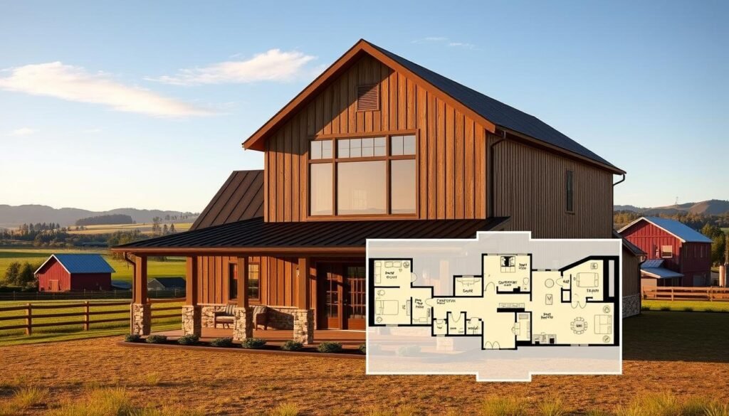 Rustic barndominium plans, featuring a warm and inviting farmhouse-inspired design. A two-story structure with a prominent gabled roof, weathered wood siding, and a covered porch. The foreground showcases a detailed front elevation, capturing the charming entry and large windows that flood the interior with natural light. The middle ground reveals the floor plan, highlighting the open-concept layout, spacious living areas, and efficient use of space. In the background, a serene rural landscape sets the stage, with rolling hills, lush greenery, and a glimpse of a rustic barn, creating a harmonious blend of modern and traditional elements. Lit by soft, natural lighting that casts gentle shadows, evoking a sense of comfort and tranquility.