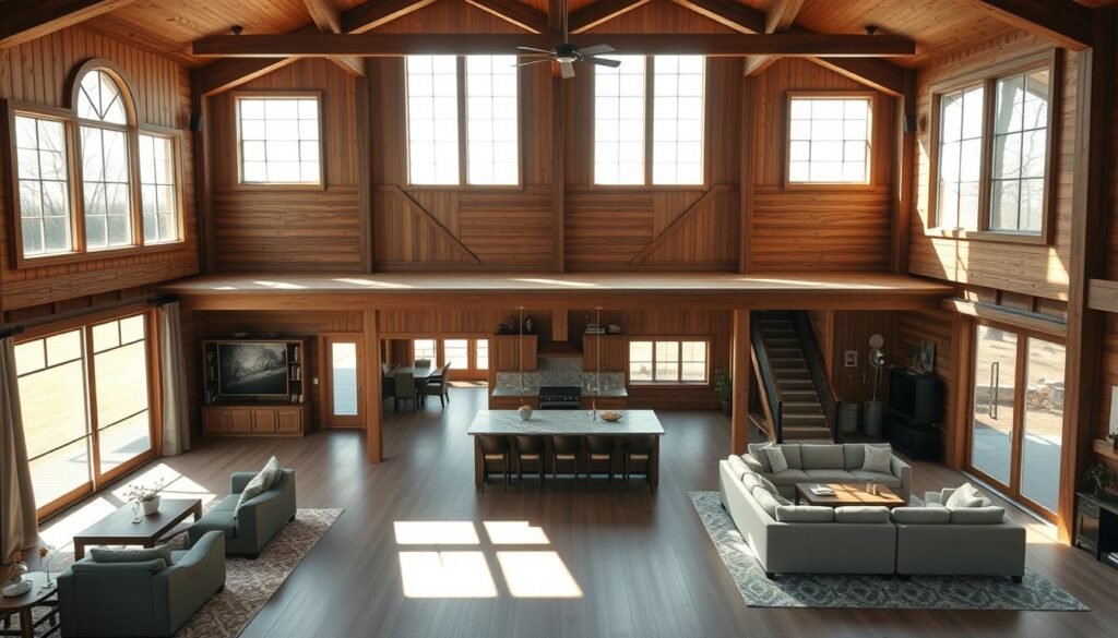 Spacious barndominium floor plans, illuminated by natural light streaming through large windows. A wide-open layout with a central living area, kitchen, and dining space. Seamless transitions between indoor and outdoor living, featuring a covered porch and a detached garage. Warm wood accents, high ceilings, and a loft or second-story for additional living space. Precise architectural details, captured with a cinematic wide-angle lens, convey the sense of space, functionality, and rustic charm of a modern barndominium design.